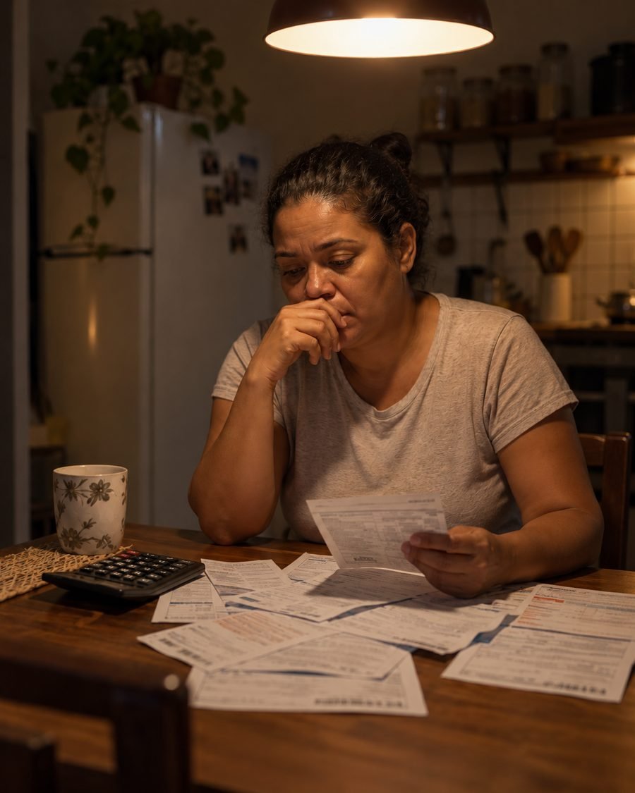 Mulher olhando as contas na mesa da cozinha à noite